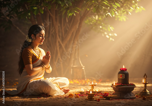 Goddess Parvati Praying During Shravan Vrat in White Saree with Shivlinga Under Banyan Tree