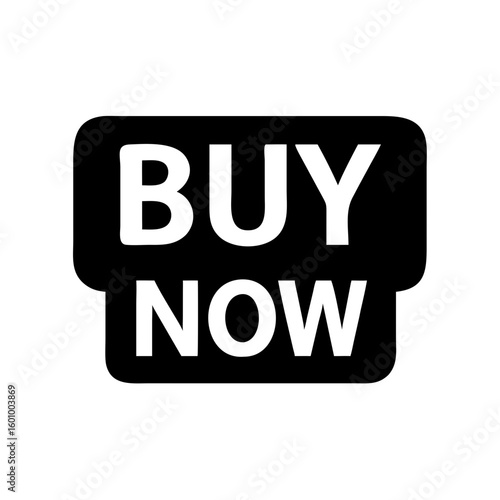 Vector art of a bold black and white graphic displays the words buy now in large white capital letters inviting immediate purchase