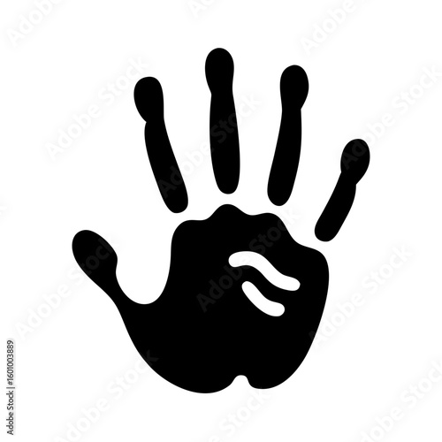 Vector art of a black silhouette of a human handprint with five fingers and palm lines is isolated on a white background