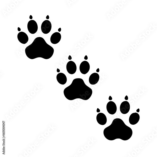 Vector art of three black paw prints are arranged diagonally on a white background suggesting a creatures movement or trail