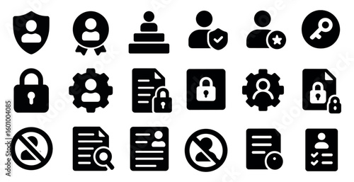 Set of icons for a computer program. The icons include a key, a lock, a person, and a star