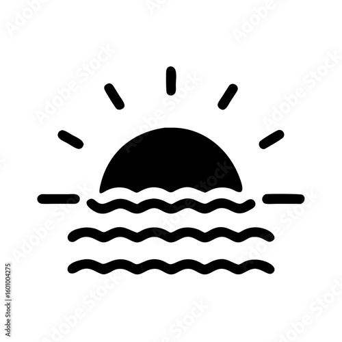 Vector art of a stylized black and white icon depicting a sun rising or setting over wavy water with radiating lines
