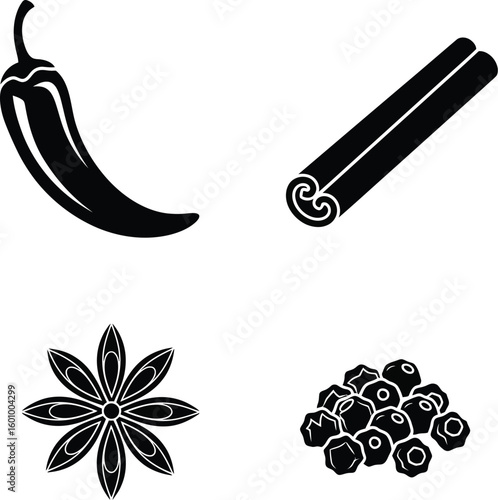Spices and herbs vector illustration set with pepper cinnamon star anise peppercorns for cooking design