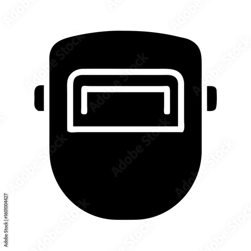 Vector art of a black icon of a welding mask with a white outline representing safety and protection in industrial work environments