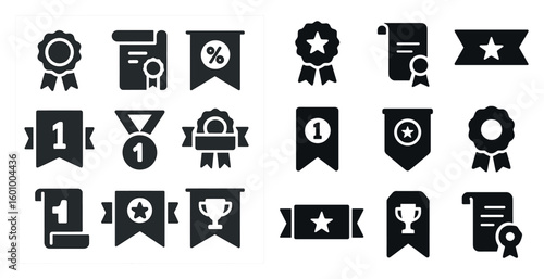 Set of black and white icons that represent various awards and achievements. The icons include a ribbon with a star, a ribbon with a number 1, and a ribbon with a percent sign