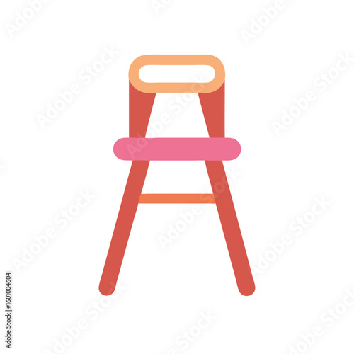 Vector art of a minimalist flat design illustration of a modern high chair with orange and pink accents isolated on a white background