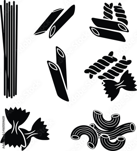 Different types of pasta vector illustration spaghetti penne fusilli farfalle macaroni food design 100 characters