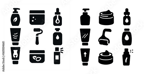 Collection of various beauty products, including lotions, creams, and other items. The products are arranged in two sets, one on the left and one on the right
