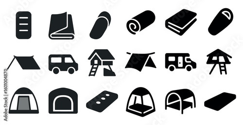 Collection of camping and outdoor gear icons. Some of the icons include a tent, a sleeping bag, a blanket, a car, and a camper