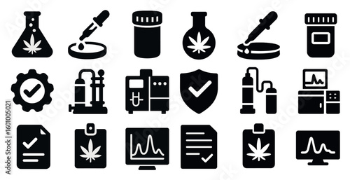 Set of icons for medical equipment and tools. The icons include a syringe, a beaker, a test tube, a computer monitor, and a keyboard