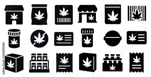 Set of marijuana related icons including a store, a building, a bottle, a bag, and a card