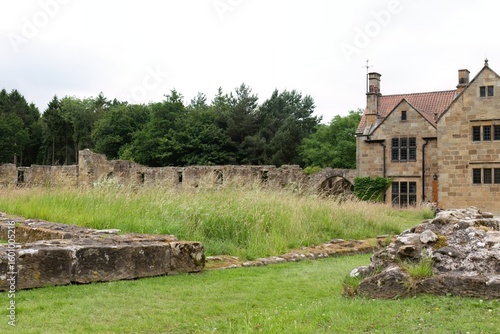Sunlit ruins sprawl beside historic stone house; textured walls, grassy foreground, and trees conjure timeless serenity in Mount Grace Priory - East Harlsey - North Yorkshire - UK