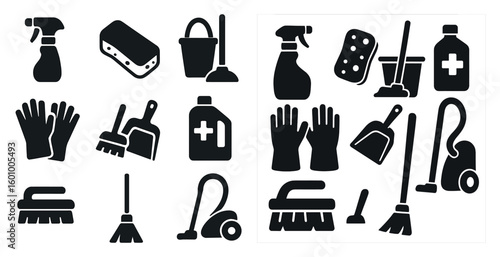 Variety of cleaning supplies, including brooms, mops, and cleaning solutions. The black and white nature of the image gives it a classic, timeless feel