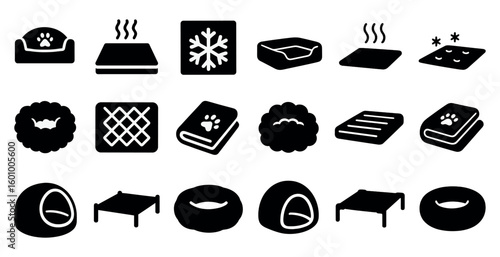 Collection of various items related to pets and their beds. The items include a dog bed, a cat bed, a dog crate, a dog bed, a dog bed, a dog bed, a dog bed, a dog bed