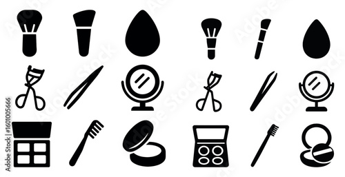 Collection of makeup and grooming tools. The image is a collection of various makeup and grooming tools, including a brush, a comb, a mirror, and a pair of scissors