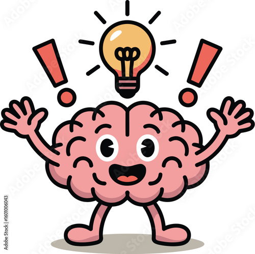 Smiling Brain Cartoon with Idea Bulb and Exclamation Marks