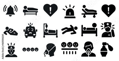 Collection of black and white icons that represent various medical situations. The icons include a bell, a heart, a car, a person with a mask, a person with a stethoscope, a person with a syringe