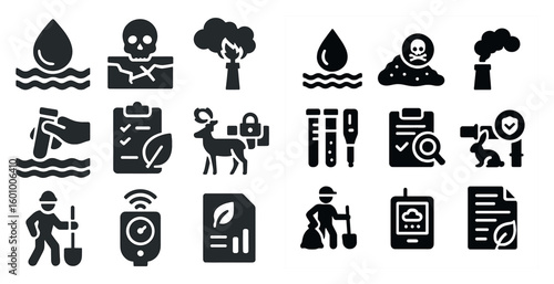 Variety of symbols related to different professions and industries. The symbols include a shovel, a person with a clipboard, a person with a gun, a person with a syringe, a person with a clipboard