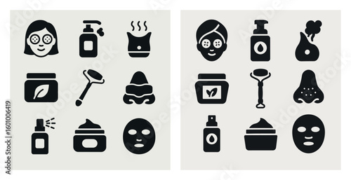 Set of black and white icons for beauty products. The icons include a bottle of perfume, a bottle of lotion, a bottle of facial cream, a bottle of facial cleanser, a bottle of facial scrub