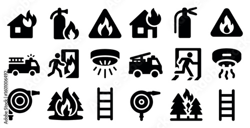 Collection of black and white icons for fire safety. The icons include a fire hydrant, a fire truck, a ladder, a fireman, a fire escape, and a fire alarm