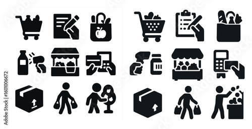 Set of shopping icons, including a shopping cart, a shopping list, and a receipt. The icons are all black and white
