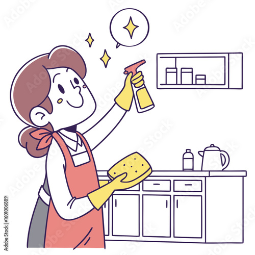 A happy woman wearing an apron and yellow gloves cleaning a kitchen counter with a