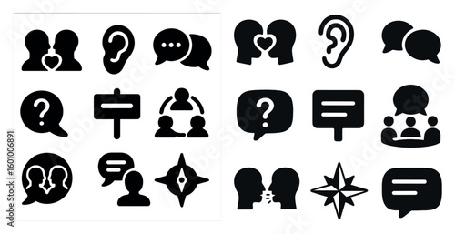 Collection of black and white icons that represent different types of conversations. The icons include a heart, a question mark, a sign, and a star, among others. Scene is one of communication