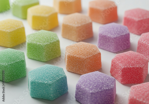 An appealing shot showcasing an array of pastel-colored, sugar-coated, octagonal gummy candies neatly laid out on a light surface