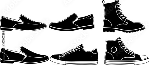 Vector art of a diverse set of six black and white shoes including loafers