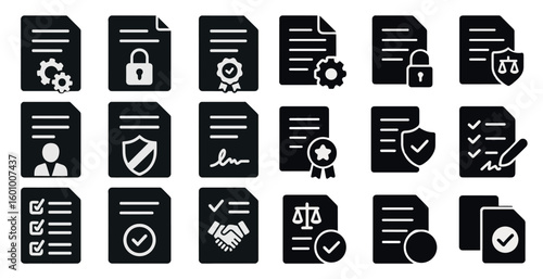 Collection of black and white icons for various documents, including a signature, a seal, and a lock