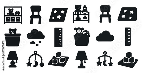 Collection of black and white icons for children's toys and furniture. The icons include a teddy bear, a chair, a bed, a toy box, a dollhouse, a crib, a rocking chair, a toy car