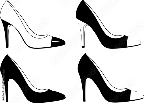 Vector art of a collection of four elegant black and white high heel shoes displayed