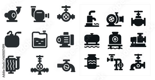 Collection of black and white icons of various plumbing and water related items. The icons include a pump, a water tank, a faucet, and a pipe