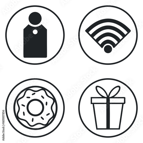 Four circular icons featuring a tag wi fi signal donut and gift box silhouette isolated on white background