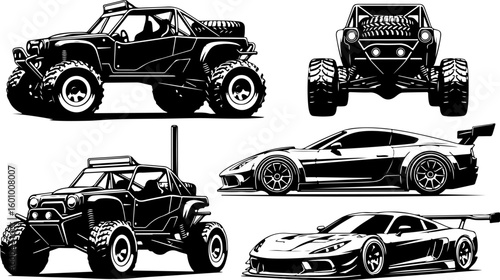Vector art of a compilation of five black and white vector illustrations