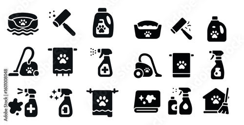 Set of black and white icons for cleaning supplies and pet care. The icons include a dog, a dog bed, a dog brush, a dog toy, a dog shampoo bottle, a dog toy, a dog toy, a dog toy
