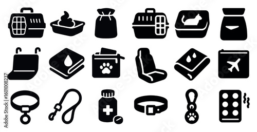 Collection of pet supplies including a dog leash, a dog carrier, and a dog bed. Concept of care and responsibility for pets