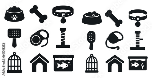Collection of pet supplies including a dog house, a fish tank, a bird cage, and a dog collar