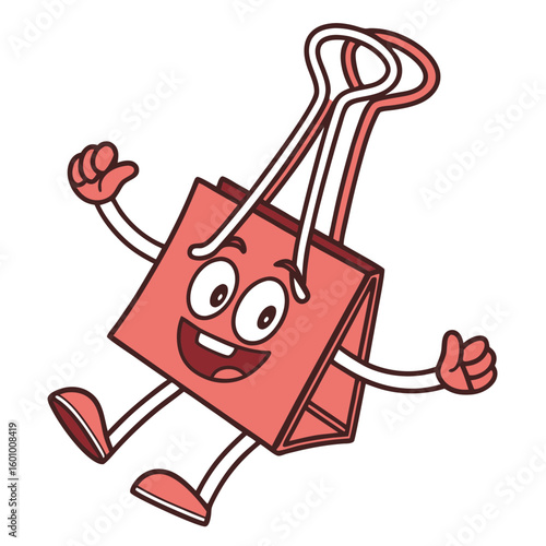A joyful red binder clip character with a smiling face and arms raised in