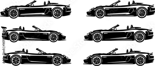 Vector art of a collection of black silhouette convertible sports cars displayed