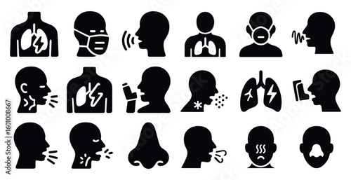 Collection of black and white icons depicting various health issues. The icons include a person with a stethoscope, a person with a mask, and a person with a phone. Scene is serious and informative