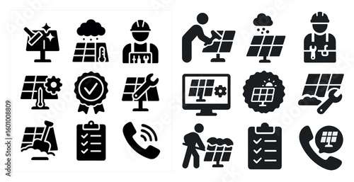 The image is a collection of black and white icons that represent various professions and services. The icons include a man in a hard hat, a person holding a clipboard, a person with a tool belt