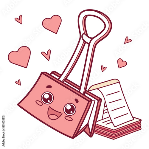 A cute smiling pink binder clip holding a small notebook with pages surrounded by