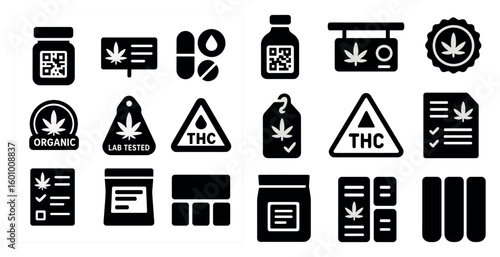 Set of black and white icons for marijuana products. The icons include a bottle of THC, a bag of marijuana, a bottle of marijuana pills, a bottle of marijuana oil, a bottle of marijuana powder