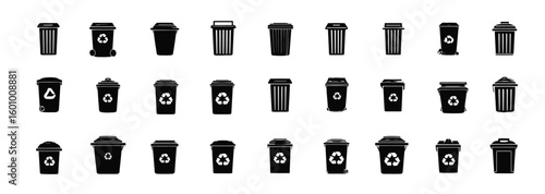 Vector icon set of black silhouette trash cans and recycling logos, white background, flat design
