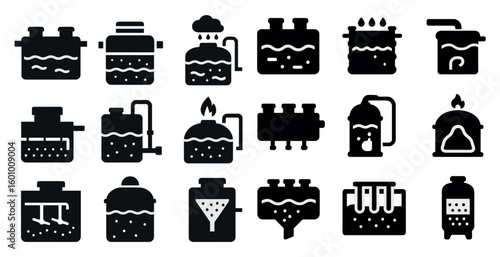 Collection of black and white icons depicting various industrial processes. The icons include a water tank, a fire hydrant, a water pump, and a water tower. Scene is industrial and utilitarian