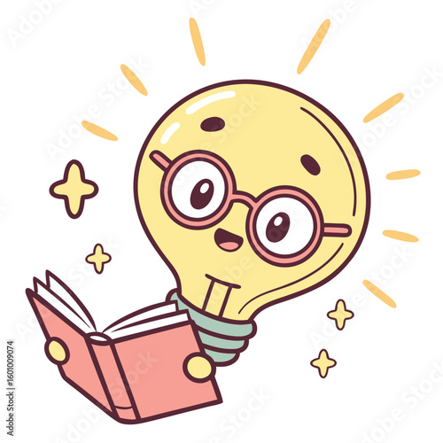 A cheerful glowing cartoon lightbulb wearing glasses happily reads an open book