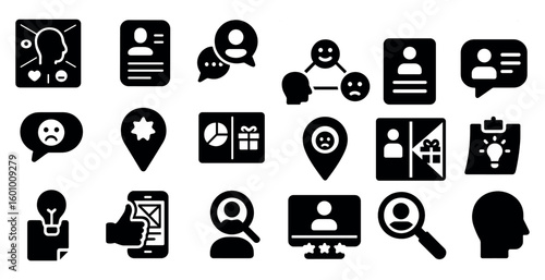 Collection of icons that include a thumbs up, a smiley face, a frowning face, a person looking at a computer screen, a person looking at a phone, a person looking at a tablet, a person looking at a
