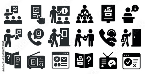 Collection of icons that represent various aspects of communication and interaction. The icons include a phone, a book, a TV, a door, a person holding a clipboard