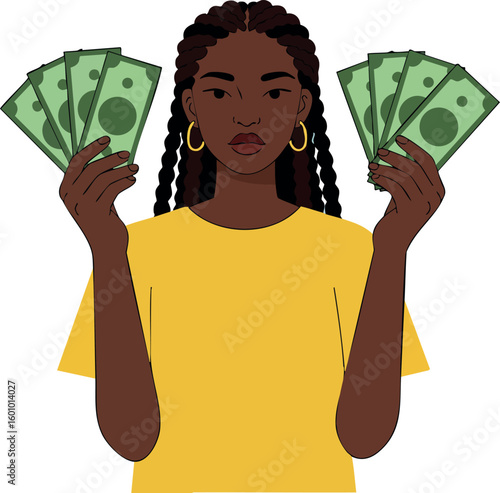 Young woman holding money bills in both hands with yellow shirt vector illustration